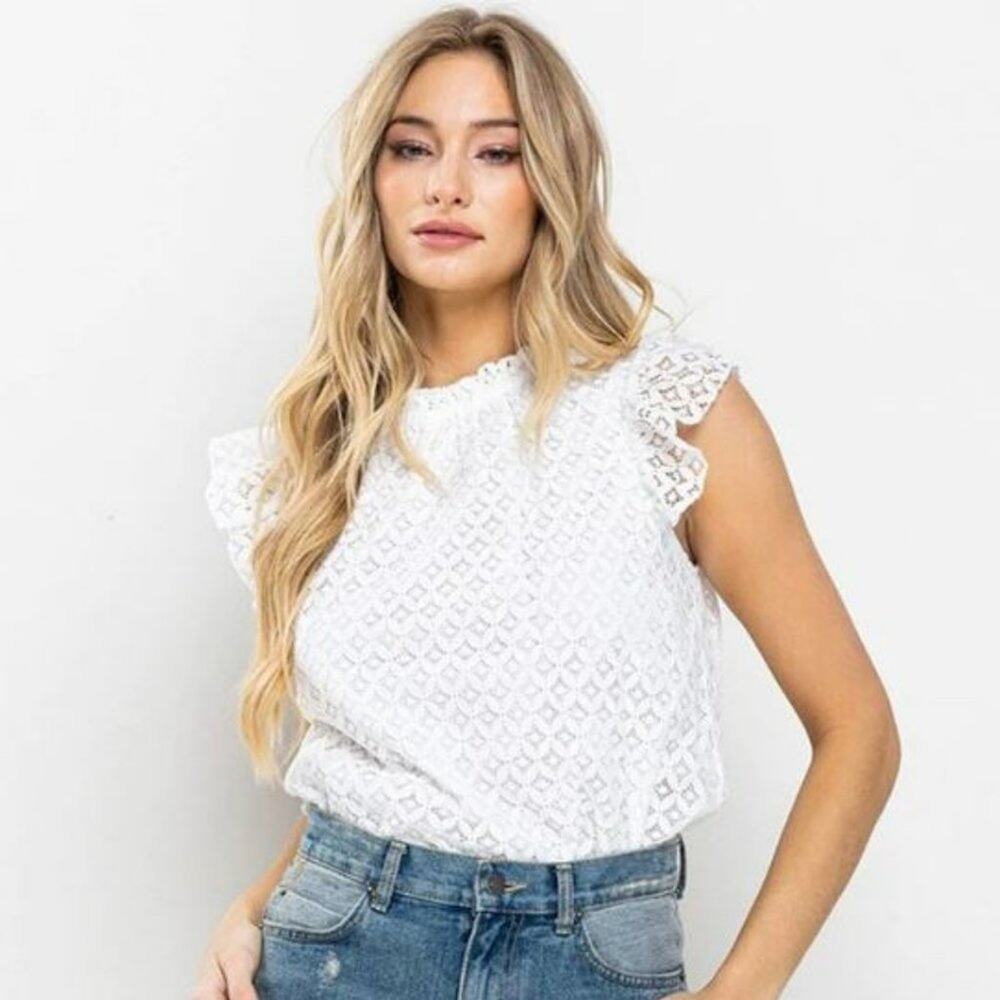 Women's Ruffle Sleeve Mock Neck Lace Blouse Top - SMALL